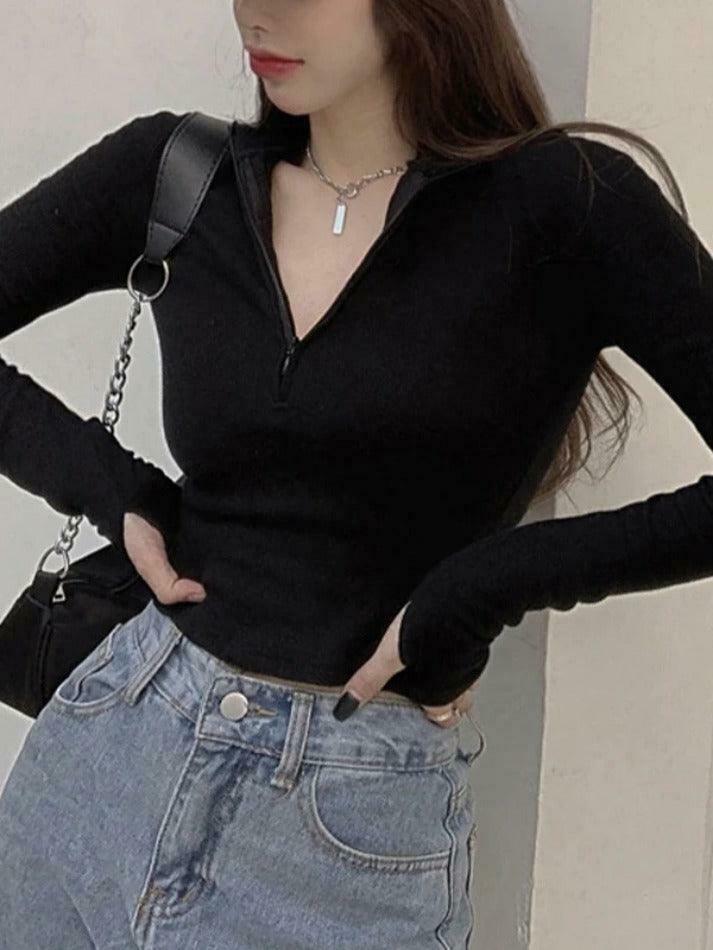 Coquette Aesthetic Solid Half Zip Slim Knit: Y2K Fashion Women's Long Sleeve Top