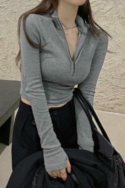 Coquette Aesthetic Solid Half Zip Slim Knit: Y2K Fashion Women's Long Sleeve Top