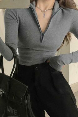 Coquette Aesthetic Solid Half Zip Slim Knit: Y2K Fashion Women's Long Sleeve Top