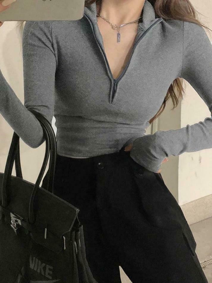 Coquette Aesthetic Solid Half Zip Slim Knit: Y2K Fashion Women's Long Sleeve Top