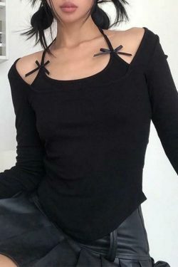 Coquette Aesthetic Solid Halter Bow Long Sleeve Tee - Y2K Fashion Women's Top