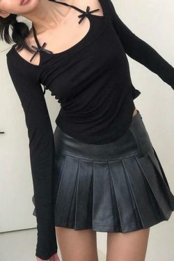 Coquette Aesthetic Solid Halter Bow Long Sleeve Tee - Y2K Fashion Women's Top