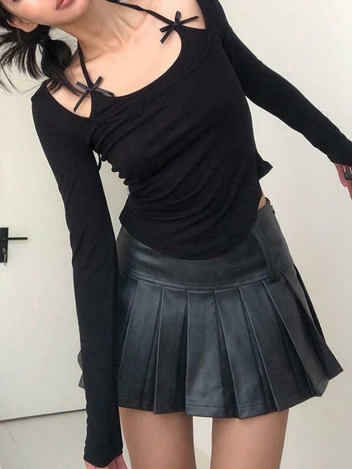 Coquette Aesthetic Solid Halter Bow Long Sleeve Tee - Y2K Fashion Women's Top