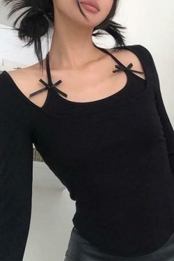 Coquette Aesthetic Solid Halter Bow Long Sleeve Tee - Y2K Fashion Women's Top
