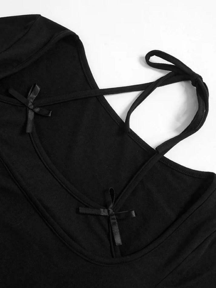 Coquette Aesthetic Solid Halter Bow Long Sleeve Tee - Y2K Fashion Women's Top