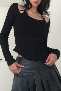 Coquette Aesthetic Solid Halter Bow Long Sleeve Tee - Y2K Fashion Women's Top