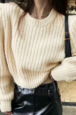 Coquette Aesthetic Solid Knit Sweater with Lantern Sleeves - Y2K Fashion for Women