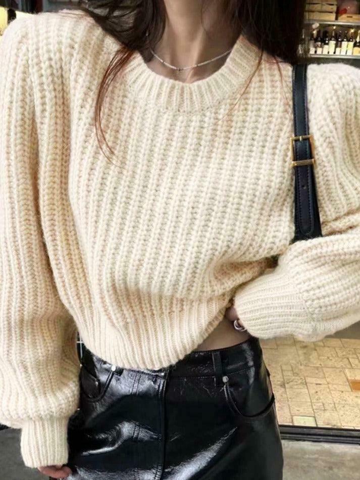 Coquette Aesthetic Solid Knit Sweater with Lantern Sleeves - Y2K Fashion for Women Coquette Aesthetic Solid Knit Sweater with Lantern Sleeves - Y2K Fashion for Women