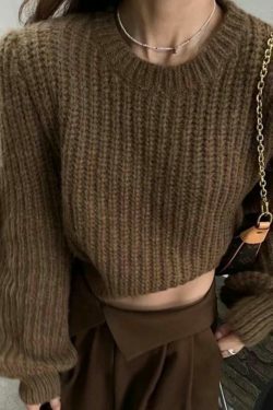 Coquette Aesthetic Solid Knit Sweater with Lantern Sleeves - Y2K Fashion for Women