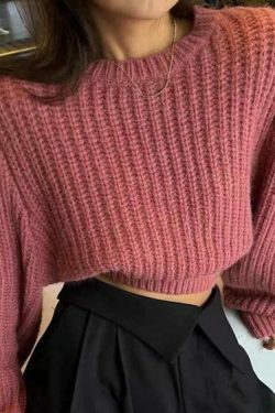 Coquette Aesthetic Solid Knit Sweater with Lantern Sleeves - Y2K Fashion for Women