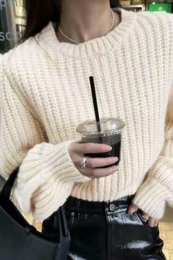 Coquette Aesthetic Solid Knit Sweater with Lantern Sleeves - Y2K Fashion for Women