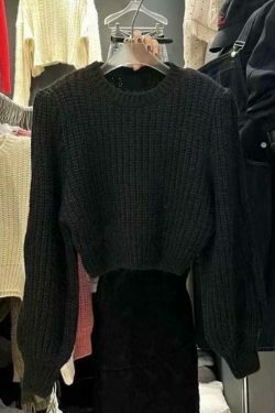 Coquette Aesthetic Solid Knit Sweater with Lantern Sleeves - Y2K Fashion for Women