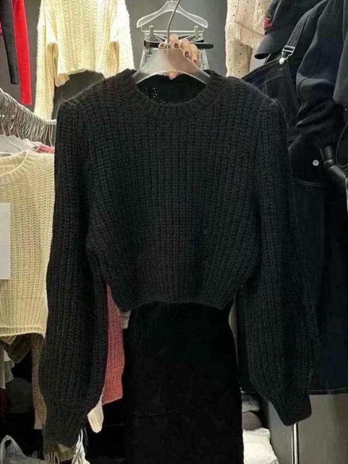 Coquette Aesthetic Solid Knit Sweater with Lantern Sleeves - Y2K Fashion for Women Coquette Aesthetic Solid Knit Sweater with Lantern Sleeves - Y2K Fashion for Women