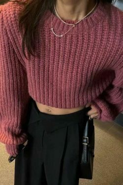 Coquette Aesthetic Solid Knit Sweater with Lantern Sleeves - Y2K Fashion for Women