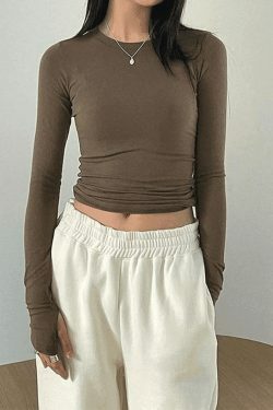 Coquette Aesthetic Solid Long Sleeve Crop Top in Y2K Style - Grunge & Pastel Goth Fashion