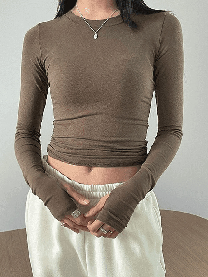 Coquette Aesthetic Solid Long Sleeve Crop Top in Y2K Style - Grunge & Pastel Goth Fashion