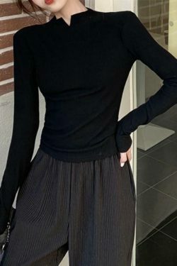 Coquette Aesthetic Solid Notch Neck Slim Knit Sweater