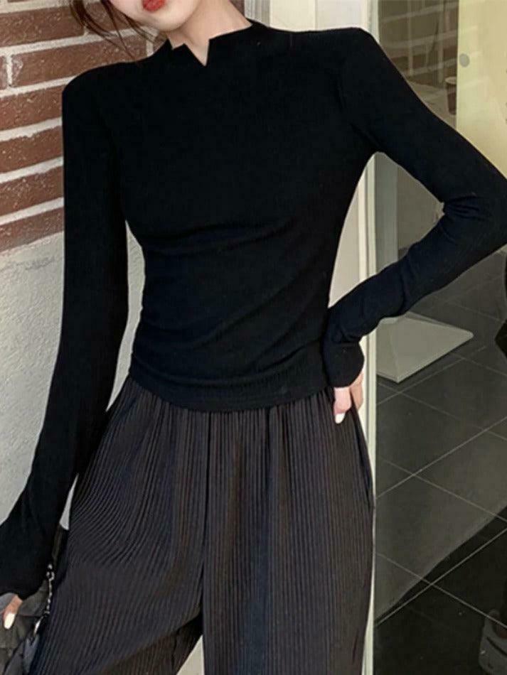 Coquette Aesthetic Solid Notch Neck Slim Knit Sweater Coquette Aesthetic Solid Notch Neck Slim Knit Sweater