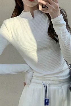 Coquette Aesthetic Solid Notch Neck Slim Knit Sweater