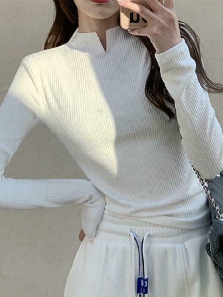 Coquette Aesthetic Solid Notch Neck Slim Knit Sweater Coquette Aesthetic Solid Notch Neck Slim Knit Sweater