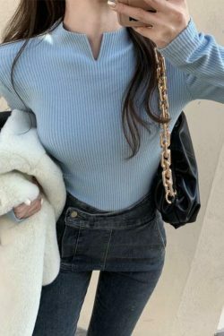 Coquette Aesthetic Solid Notch Neck Slim Knit Sweater