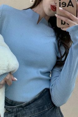 Coquette Aesthetic Solid Notch Neck Slim Knit Sweater
