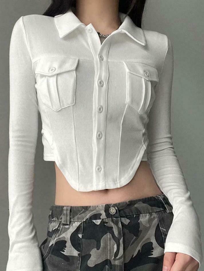 Coquette Aesthetic Solid Pocket Curvy Hem Polo Neck Long Sleeve Knit Coquette Aesthetic Solid Pocket Curvy Hem Polo Neck Long Sleeve Knit