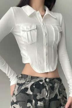 Coquette Aesthetic Solid Pocket Curvy Hem Polo Neck Long Sleeve Knit