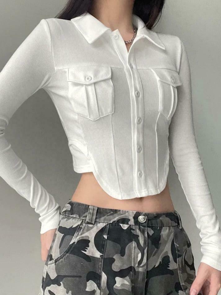 Coquette Aesthetic Solid Pocket Curvy Hem Polo Neck Long Sleeve Knit Coquette Aesthetic Solid Pocket Curvy Hem Polo Neck Long Sleeve Knit