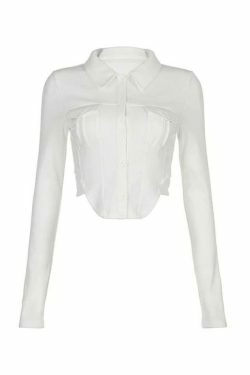 Coquette Aesthetic Solid Pocket Curvy Hem Polo Neck Long Sleeve Knit