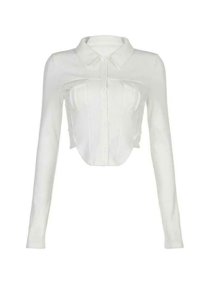 Coquette Aesthetic Solid Pocket Curvy Hem Polo Neck Long Sleeve Knit Coquette Aesthetic Solid Pocket Curvy Hem Polo Neck Long Sleeve Knit