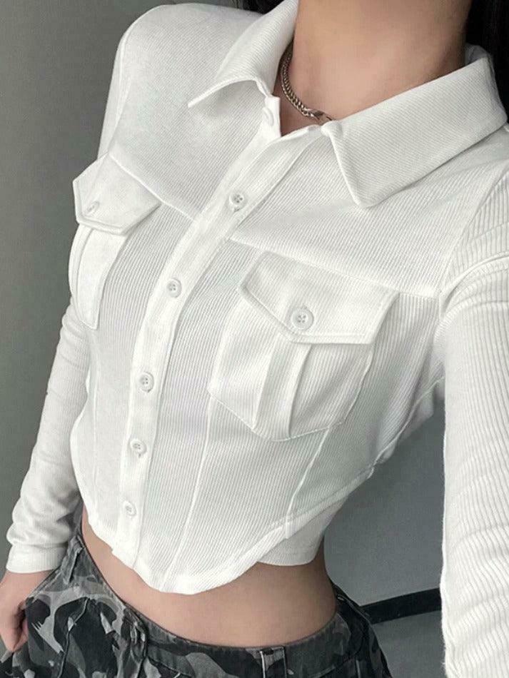 Coquette Aesthetic Solid Pocket Curvy Hem Polo Neck Long Sleeve Knit Coquette Aesthetic Solid Pocket Curvy Hem Polo Neck Long Sleeve Knit