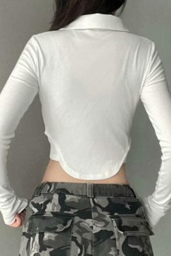 Coquette Aesthetic Solid Pocket Curvy Hem Polo Neck Long Sleeve Knit