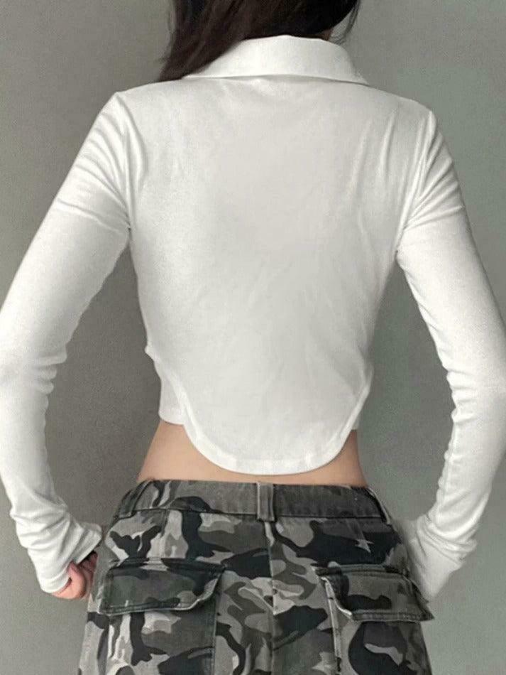 Coquette Aesthetic Solid Pocket Curvy Hem Polo Neck Long Sleeve Knit Coquette Aesthetic Solid Pocket Curvy Hem Polo Neck Long Sleeve Knit