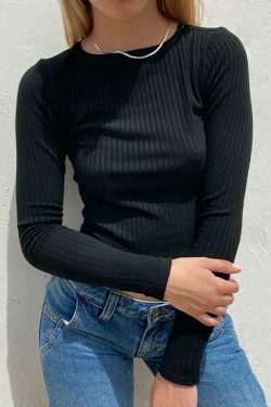 Coquette Aesthetic Solid Rib Crew Neck Slim Long Sleeve Knit Sweater