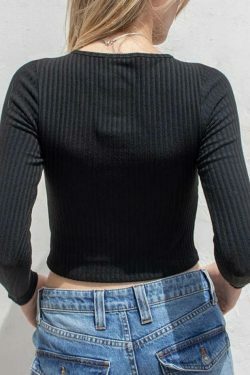 Coquette Aesthetic Solid Rib Crew Neck Slim Long Sleeve Knit Sweater