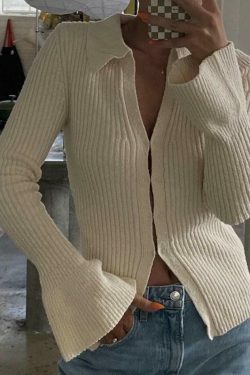 Coquette Aesthetic Solid Rib V Neck Flare Sleeve Cardigan - Y2K Fashion Women's Clothing