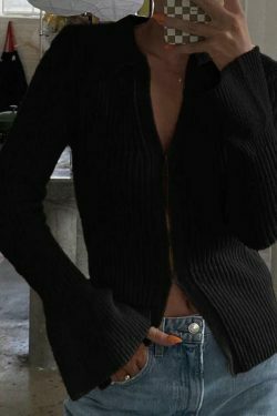 Coquette Aesthetic Solid Rib V Neck Flare Sleeve Cardigan - Y2K Fashion Women's Clothing