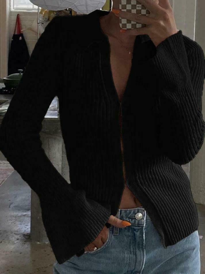 Coquette Aesthetic Solid Rib V Neck Flare Sleeve Cardigan - Y2K Fashion Women's Clothing