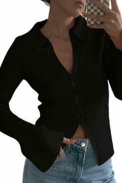 Coquette Aesthetic Solid Rib V Neck Flare Sleeve Cardigan - Y2K Fashion Women's Clothing