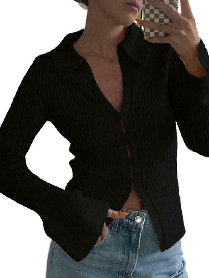Coquette Aesthetic Solid Rib V Neck Flare Sleeve Cardigan - Y2K Fashion Women's Clothing