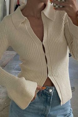 Coquette Aesthetic Solid Rib V Neck Flare Sleeve Cardigan - Y2K Fashion Women's Clothing