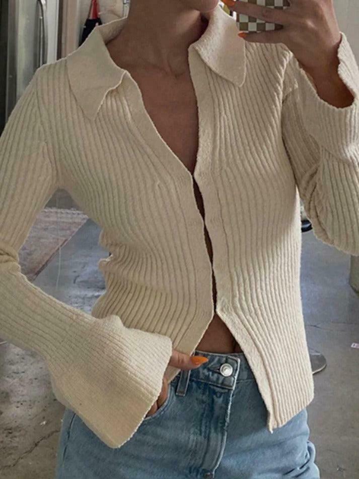 Coquette Aesthetic Solid Rib V Neck Flare Sleeve Cardigan - Y2K Fashion Women's Clothing