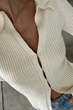 Coquette Aesthetic Solid Rib V Neck Flare Sleeve Cardigan - Y2K Fashion Women's Clothing