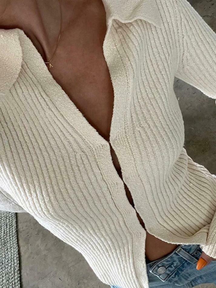 Coquette Aesthetic Solid Rib V Neck Flare Sleeve Cardigan - Y2K Fashion Women's Clothing