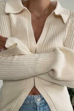 Coquette Aesthetic Solid Rib V Neck Flare Sleeve Cardigan - Y2K Fashion Women's Clothing