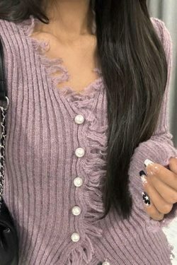 Coquette Aesthetic Solid Rib V Neck Frayed Trim Knit Cardigan - Y2K Fashion Women's Clothing