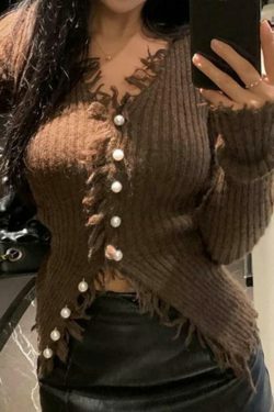 Coquette Aesthetic Solid Rib V Neck Frayed Trim Knit Cardigan - Y2K Fashion Women's Clothing