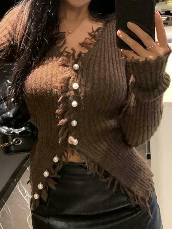 Coquette Aesthetic Solid Rib V Neck Frayed Trim Knit Cardigan - Y2K Fashion Women's Clothing