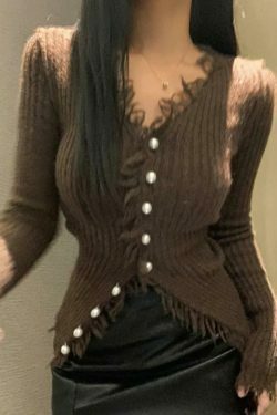 Coquette Aesthetic Solid Rib V Neck Frayed Trim Knit Cardigan - Y2K Fashion Women's Clothing